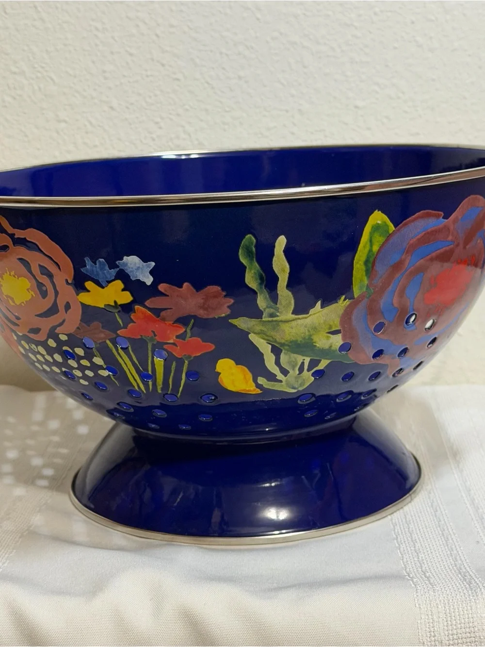 The Pioneer Woman Strainer 5 Quart Cobalt Blue Flowers Stainless Steel